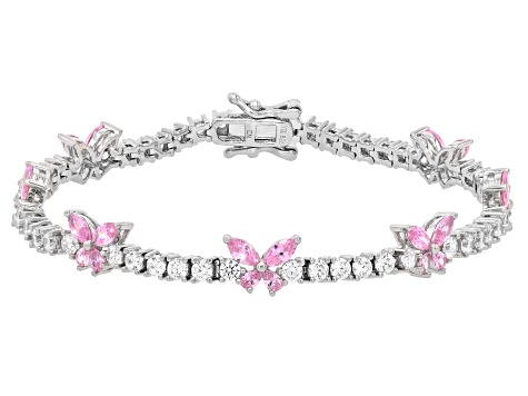 Pink And White Cubic Zirconia Rhodium Over Sterling Silver Butterfly Tennis Bracelet 11.48ctw