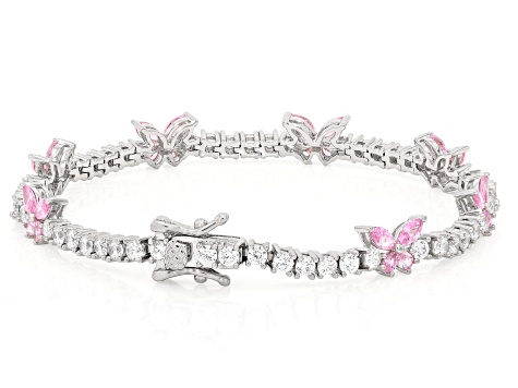 Pink And White Cubic Zirconia Rhodium Over Sterling Silver Butterfly Tennis Bracelet 11.48ctw