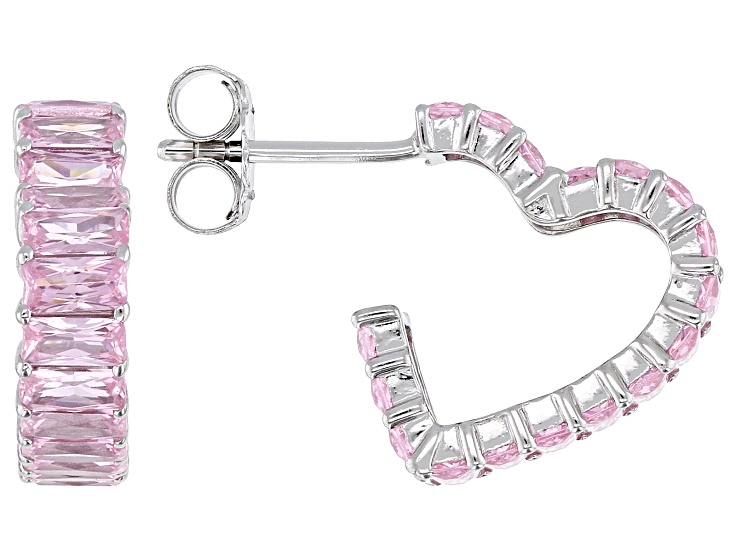 Pink Cubic Zirconia Rhodium Over Sterling Silver Heart Hoops