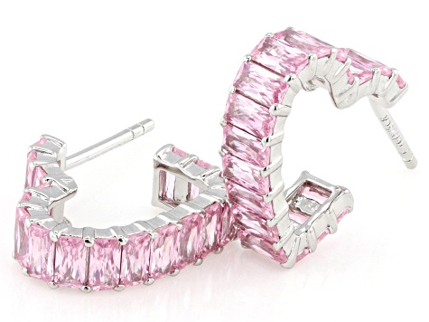 Pink Cubic Zirconia Rhodium Over Sterling Silver Heart Hoops