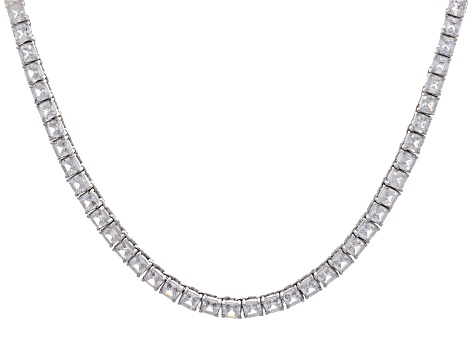 White Cubic Zirconia Rhodium Over Brass Asscher Cut Tennis Necklace 48.00ctw