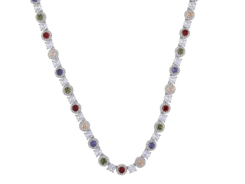 Multi-color Cubic Zirconia Rhodium Plated Tennis Necklace 53.00ctw