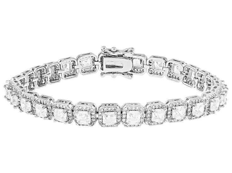 White Cubic Zirconia Rhodium Plated Asscher Cut Tennis Bracelet