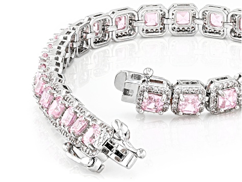 Pink And White Cubic Zirconia Rhodium Over Brass Asscher Cut Tennis Bracelet 23.43ctw