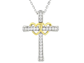 White Cubic Zirconia Rhodium And 18k Yellow Gold Over Sterling Silver Cross Pendant 0.65ctw