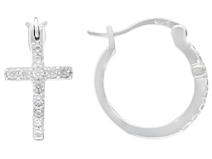 White Cubic Zirconia Rhodium Over Sterling Silver Cross Hoops 0.55ctw