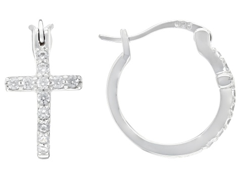 White Cubic Zirconia Rhodium Over Sterling Silver Cross Hoops 0.55ctw