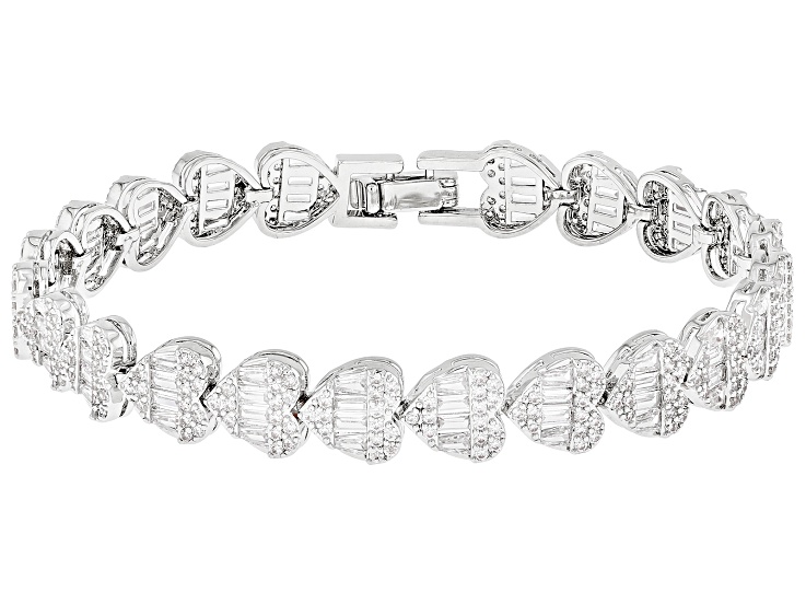 White Cubic Zirconia Rhodium Over Brass Heart Tennis Bracelet 22.48ctw