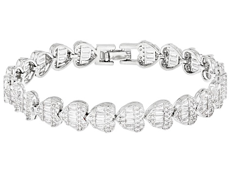White Cubic Zirconia Rhodium Over Brass Heart Tennis Bracelet 22.48ctw