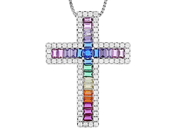Multi-Color And White Cubic Zirconia Rhodium Over Sterling Silver Cross Pendant