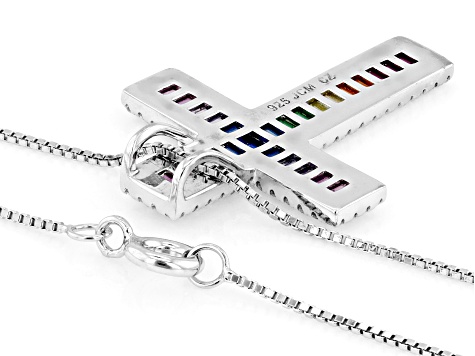 Multi-Color And White Cubic Zirconia Rhodium Over Sterling Silver Cross Pendant