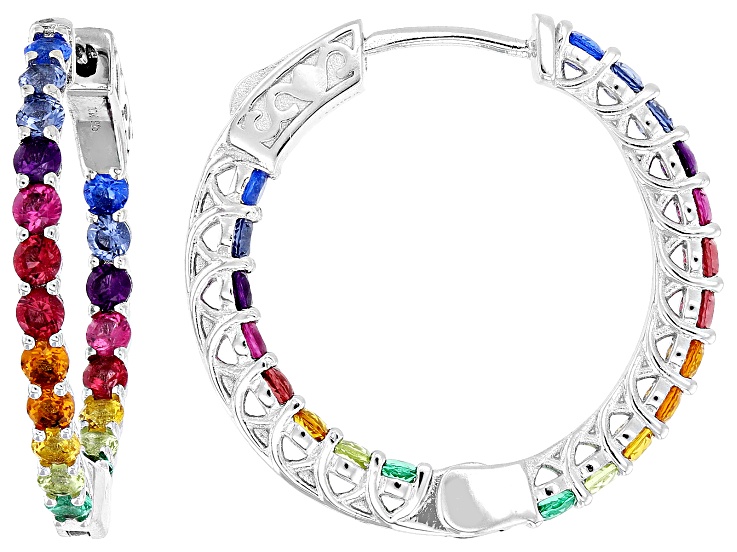 Multi-Color Cubic Zirconia Rhodium Over Sterling Silver Hoops 2.40ctw