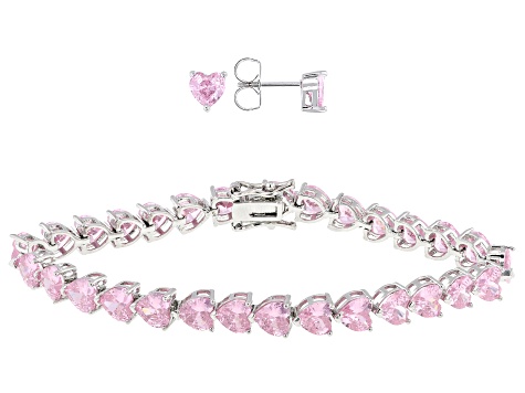 Pink Cubic Zirconia Rhodium Over Brass Heart Jewelry Set 34.88ctw