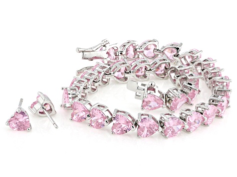 Pink Cubic Zirconia Rhodium Over Brass Heart Jewelry Set 34.88ctw