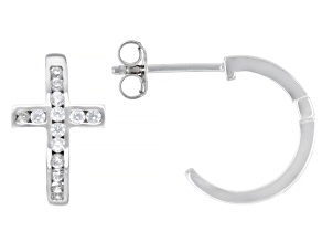 White Cubic Zirconia Rhodium Over Sterling Silver Huggie Cross Earrings 0.70ctw
