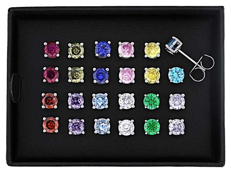 Multi-Color Gemstones Rhodium Over Brass Round Stud Earring Set