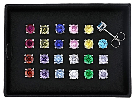 Multi-Color Gemstones Rhodium Over Brass Round Stud Earring Set 15.60ctw