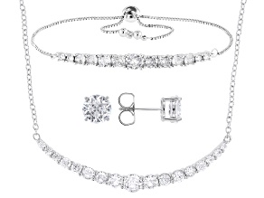 White Cubic Zirconia Rhodium Over Brass Necklace, Bracelet, and Stud Set 12.81ctw