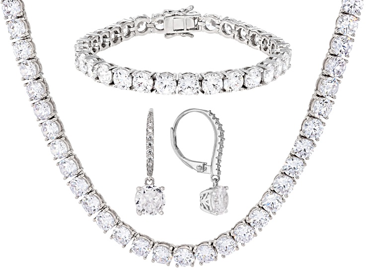 White Cubic Zirconia Rhodium Over Brass Necklace, Bracelet, and Earrings Set 136.06ctw
