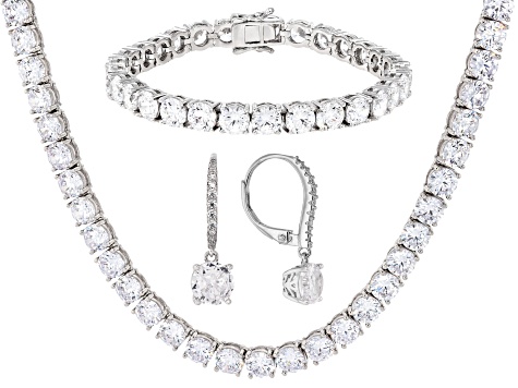 White Cubic Zirconia Rhodium Over Brass Necklace, Bracelet, and Earrings Set 136.06ctw