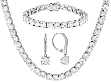 Picture of White Cubic Zirconia Rhodium Over Brass Necklace, Bracelet, and Earrings Set 136.06ctw