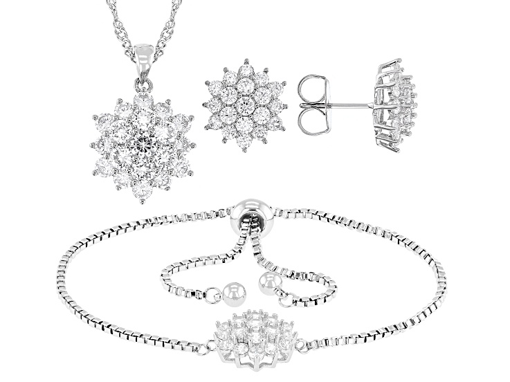 White Cubic Zirconia Rhodium Over Brass Pendant, Bracelet and Stud Set 11.00ctw