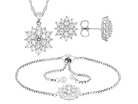 White Cubic Zirconia Rhodium Over Brass Pendant, Bracelet and Stud Set 11.00ctw