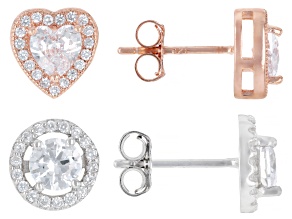 White Cubic Zirconia 18k Rose Gold and Rhodium Over Sterling Silver Halo Earring Set 4.97ctw