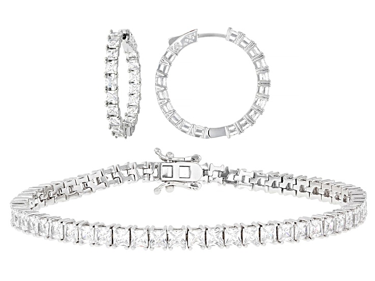 White Cubic Zirconia Rhodium Plated Tennis Bracelet and Hoop