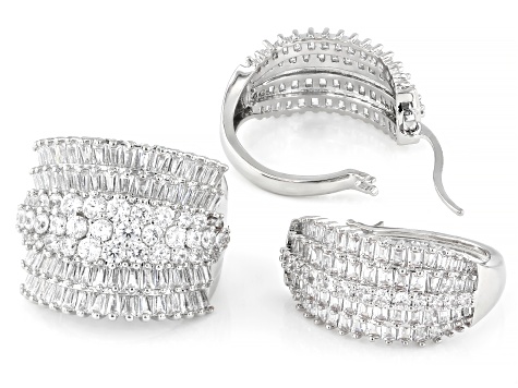 White Cubic Zirconia Rhodium Over Brass Ring and Hoop  Rhodium Hoop Earrings Brass Cubic Zirconia Silver Women\'s Jewelry main image 0