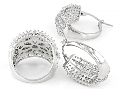 White Cubic Zirconia Rhodium Over Brass Ring and Hoop  Rhodium Hoop Earrings Brass Cubic Zirconia Silver Women\'s Jewelry display picture 1
