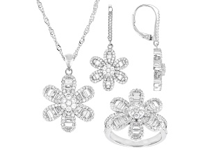 White Cubic Zirconia Rhodium Over Brass Flower Earring, Pendant, and Ring Set 7.78ctw