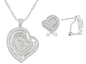 White Cubic Zirconia Rhodium Over Brass Heart Stud Earrings and Pendant Set 3.56ctw