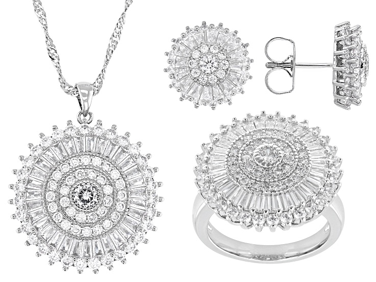 White Cubic Zirconia Rhodium Over Brass Pendant, Earrings, and