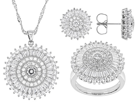 White Cubic Zirconia Rhodium Plated Pendant, Earrings, and Ring