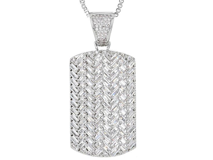 White Cubic Zirconia Rhodium Over Brass Dog Tag Pendant 7.52ctw