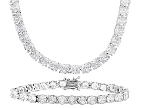 White Cubic Zirconia Rhodium Plated Tennis Bracelet and Necklace