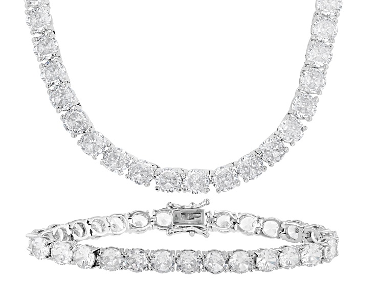 White Cubic Zirconia Rhodium Plated Tennis Bracelet and Necklace