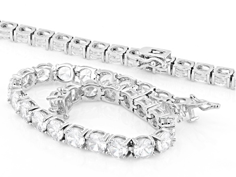 White Cubic Zirconia Rhodium Plated Tennis Bracelet and Necklace