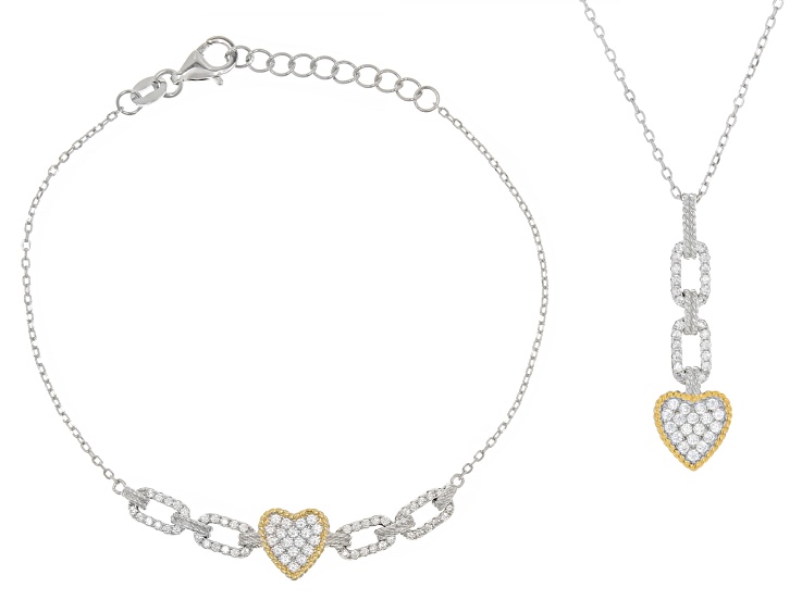 Cubic Zirconia Rhodium Over Silver and Eterno™ Yellow Heart