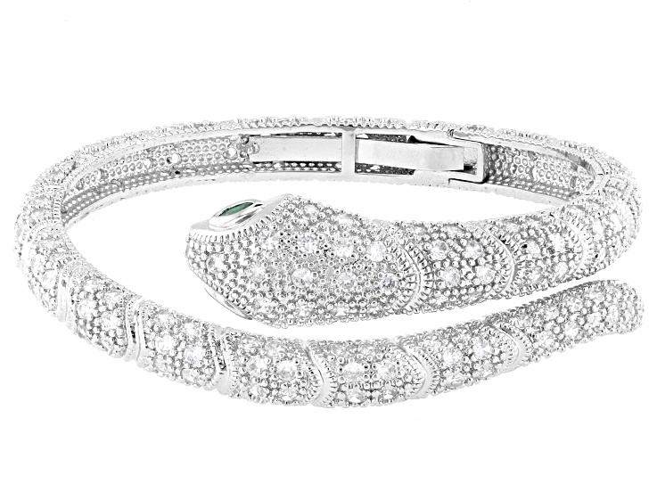 Emerald Simulant and White Cubic Zirconia Rhodium Over Brass Snake Bracelet 10.39ctw