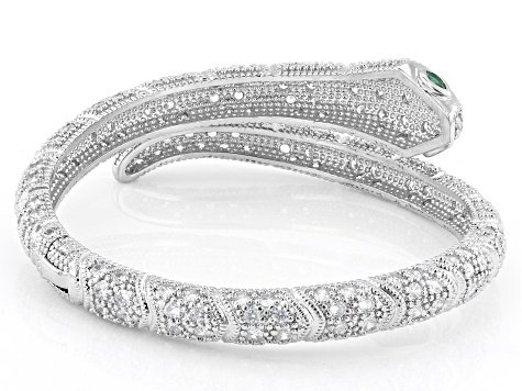 Emerald Simulant and White Cubic Zirconia Rhodium Over Brass Snake Bracelet 10.39ctw