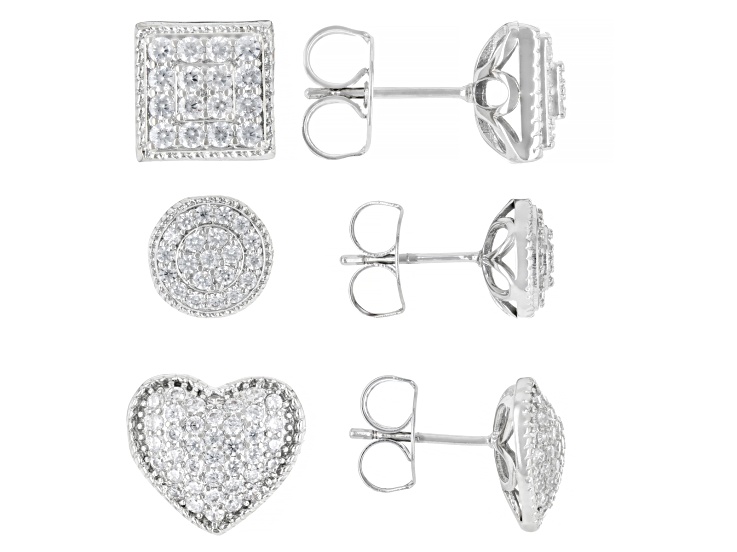 White Cubic Zirconia Rhodium Over Brass Stud Earring Set of 3 3.22ctw