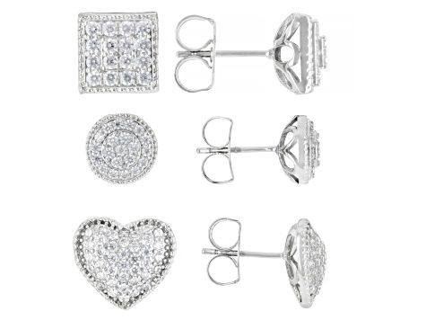 White Cubic Zirconia Rhodium Over Brass Stud Earring Set of 3 3.22ctw