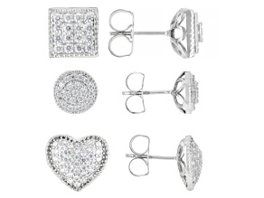 White Cubic Zirconia Rhodium Over Brass Stud Earring Set of 3 3.22ctw