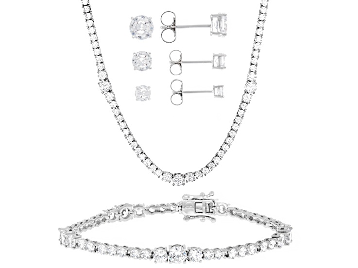 White Cubic Zirconia Rhodium Over Brass Necklace, Bracelet, and