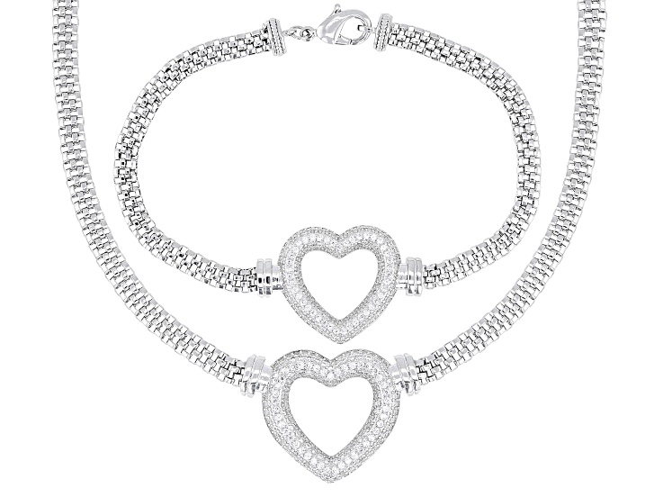 White Cubic Zirconia Rhodium Over Brass Heart Bracelet and Necklace Set 3.80ctw