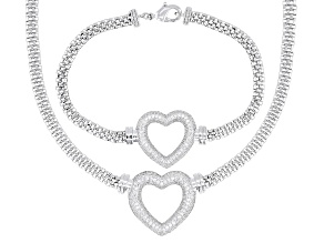 White Cubic Zirconia Rhodium Over Brass Heart Bracelet and Necklace Set 3.80ctw