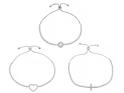 White Cubic Zirconia Rhodium Over Brass Bolo Bracelet Set of 3 10.34ctw