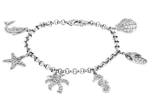 White Cubic Zirconia Rhodium Over Brass Nautical Charm Bracelet 2.25ctw
